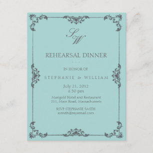Tarjeta de cena de ensayo de monograma floral turq
