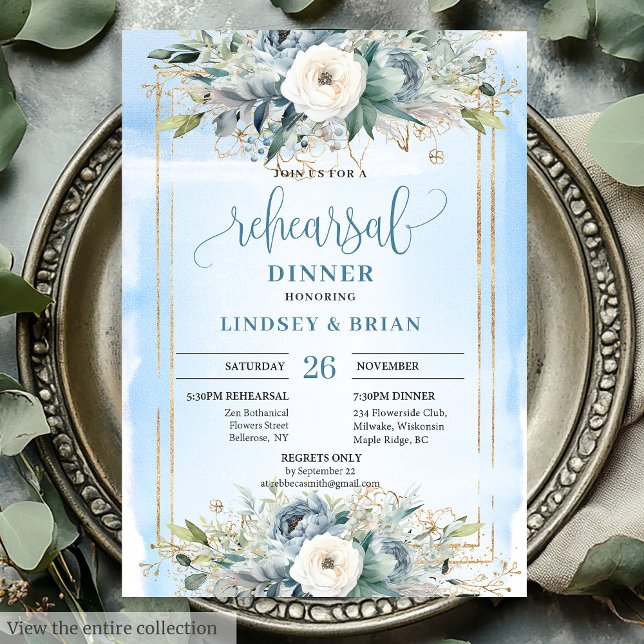 Tarjeta de Cena de Ensayo de Peonía Azul Polvorien (Whimsical Dusty Blue Peony Rehearsal Dinner Card)