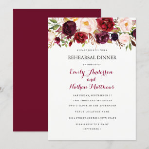 Tarjeta de cena de ensayo floral rojo borgoña de o