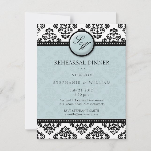 Tarjeta de cena de ensayo Tiffany Damask Monogram (Anverso)