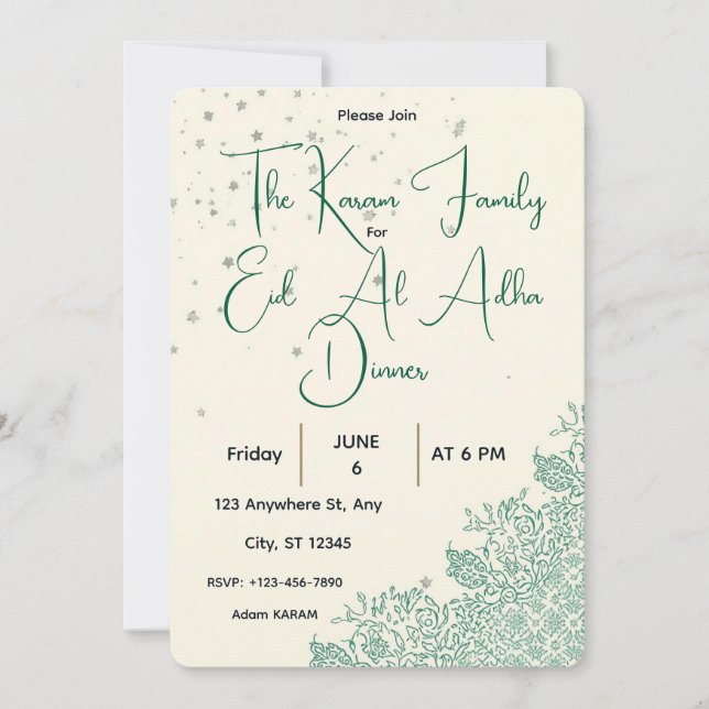 Tarjeta de cena verde menta de Eid Al Adha (Anverso)