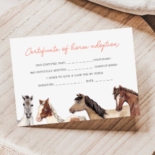 Tarjeta de certificado de adopción de caballo