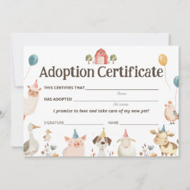Tarjeta de certificado de adopción de Fiesta de an