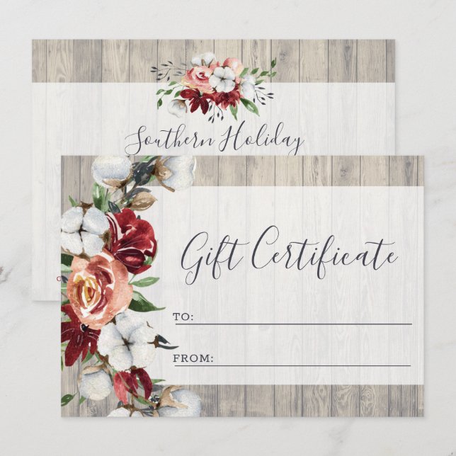 Tarjeta de certificado de regalo de algodón para e (Anverso / Reverso)