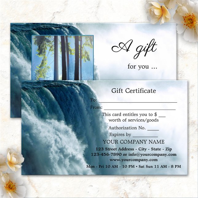 Tarjeta de certificado de regalo de belleza de cas (Gift certificate business card featuring your photo framed by a waterfall - spa - massage therapist)
