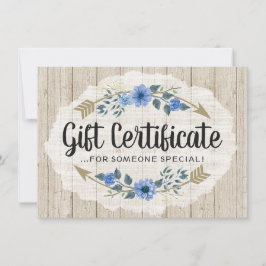 Tarjeta de certificado de regalo de madera rústica