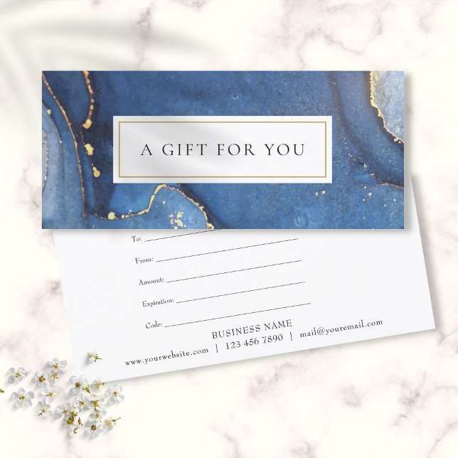 Tarjeta de certificado de regalo de oro azul de má (Chic Agate Marble Blue Gold Gift Certificate card)