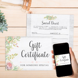 Tarjeta de certificado de regalo de suculentas con