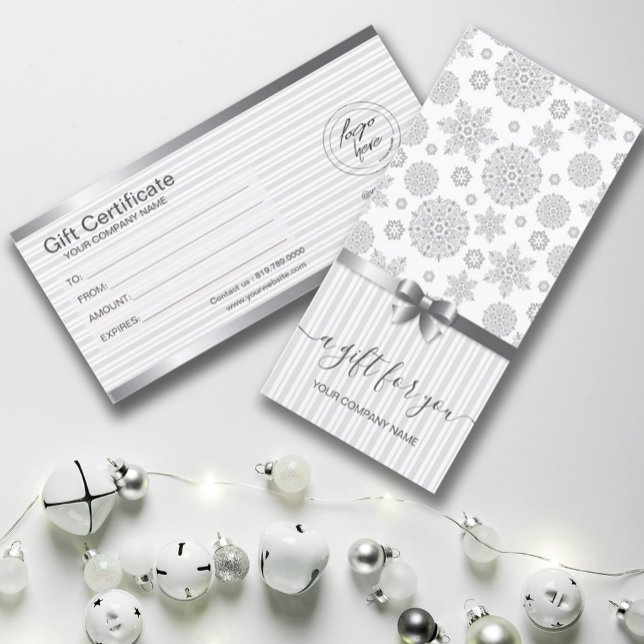 tarjeta de certificado de regalo faux Silver Snowf (#zazzlemade #giftcertificate #snowflakes #snowflakesgiftcard #christmas, 3HAPPYNEWYEAR, #SILVER)