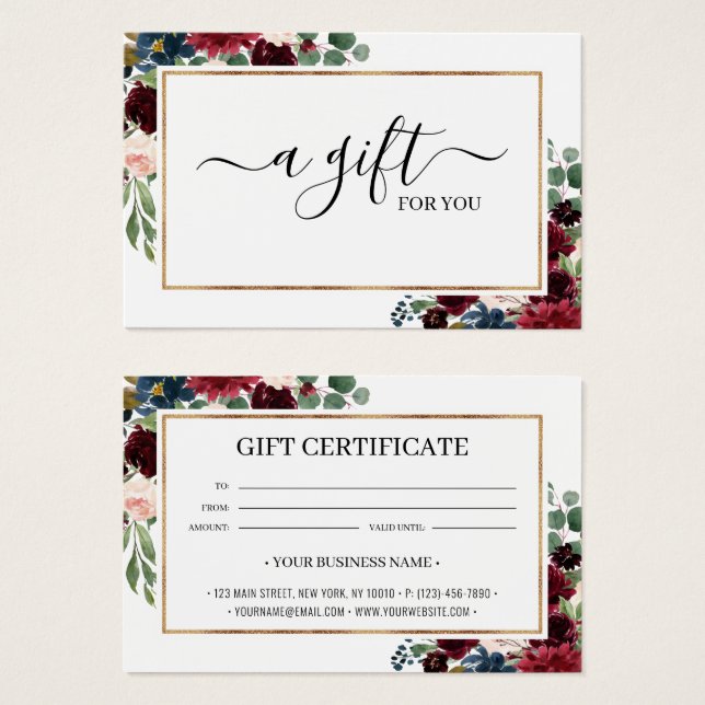 Tarjeta de certificado de regalo floral de moda Bo (Anverso y reverso)