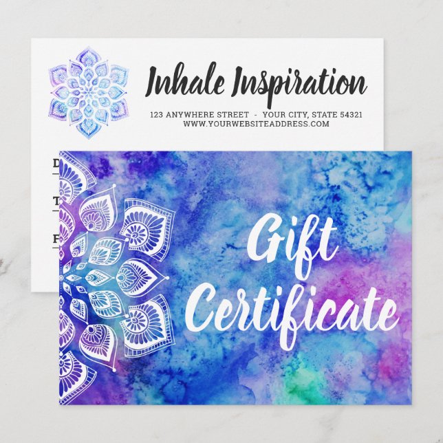 Tarjeta de certificado de regalo holístico Mandala (Anverso / Reverso)