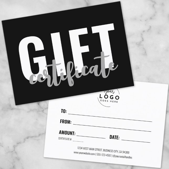 Tarjeta de certificado de regalo negro de guión mo (Logo Modern Script Business Gift Certificate Card)