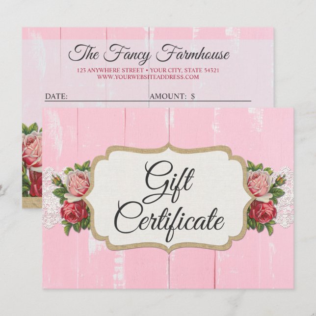 Tarjeta de certificado de regalo rosa Shabby Chic  (Anverso / Reverso)