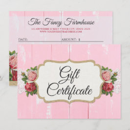 Tarjeta de certificado de regalo rosa Shabby Chic