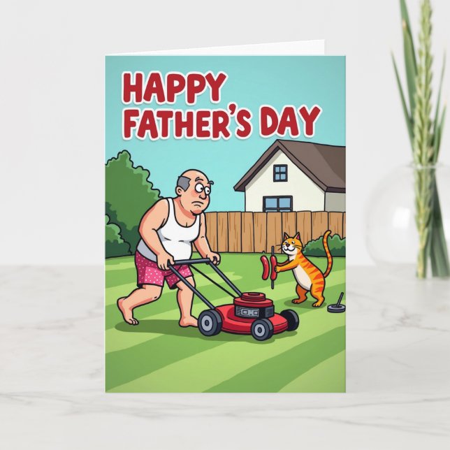 Tarjeta de césped del Día del Padre de dibujos ani (Anverso)