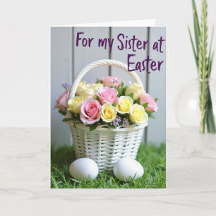 Tarjeta de cesta de flores de Pascua para hermana
