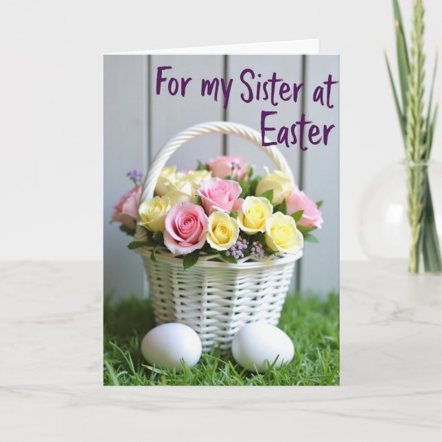Tarjeta de cesta de flores de Pascua para hermana (Anverso)