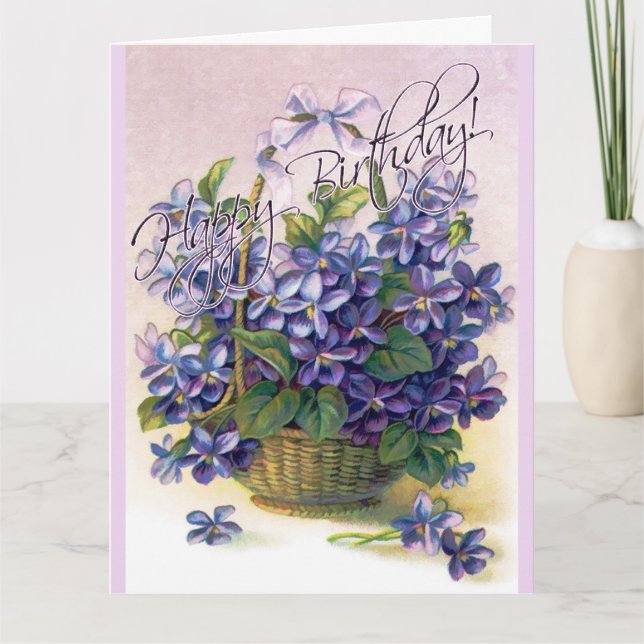 Tarjeta de cesta de flores Happy Birday Violets (Anverso)