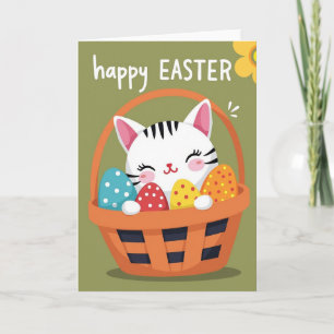 Tarjeta de cesta de Pascua de gato feliz