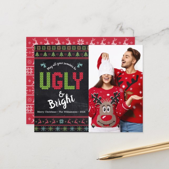 Tarjeta de Chalkboard Ugly Sweater para festividad (Anverso/Reverso In Situ)