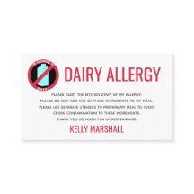 Tarjeta de Chef del Restaurante Dairy Allergy Aler