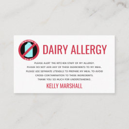 Tarjeta de Chef del Restaurante Dairy Allergy Aler