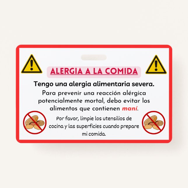 Tarjeta de Chef Española de Alerta de Alergia del  (Anverso)