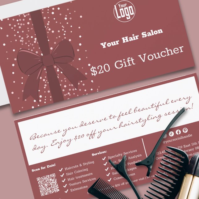 Tarjeta de cheques de descuento de QR Code Service (QR Code Services Salon Note Gift Voucher Card, Smoky Topaz & White, Ribbon)