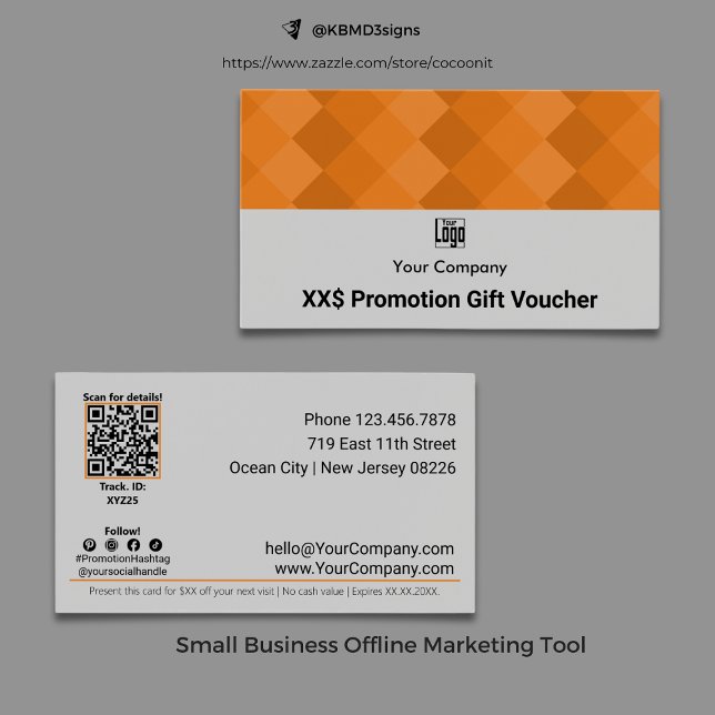 Tarjeta de cheques de descuento para promoción de  (Modern Business Promotion Gift Voucher Card, Gray, Black, Orange, Logo, QR Code, Social Media)