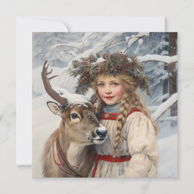 Tarjeta de Chica de época con Navidades renos (Anverso)