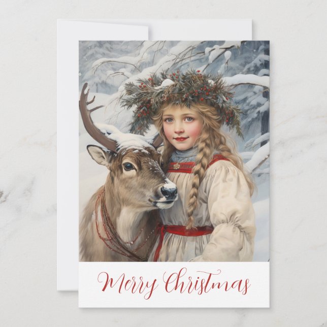 Tarjeta de Chica de época y Navidades de renos (Anverso)