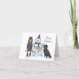 Tarjeta de Chica, muñeco de nieve y Navidades de p