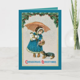 Tarjeta de Chica y Mascotas de Navidad de época