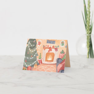 Tarjeta de chimenea de Navidad en acuarela
