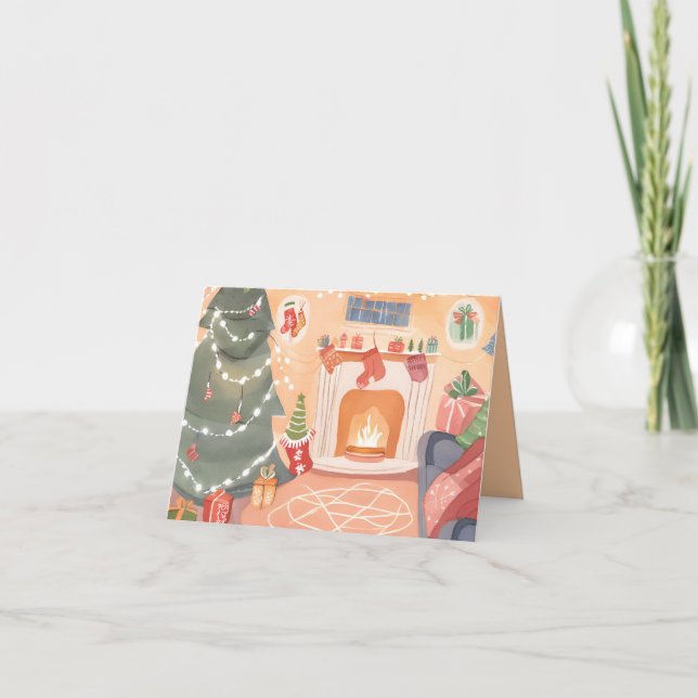 Tarjeta de chimenea de Navidad en acuarela (Anverso)