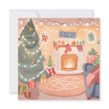 Tarjeta de chimenea de Navidad en acuarela