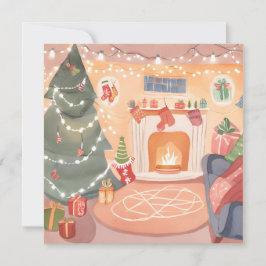 Tarjeta de chimenea de Navidad en acuarela