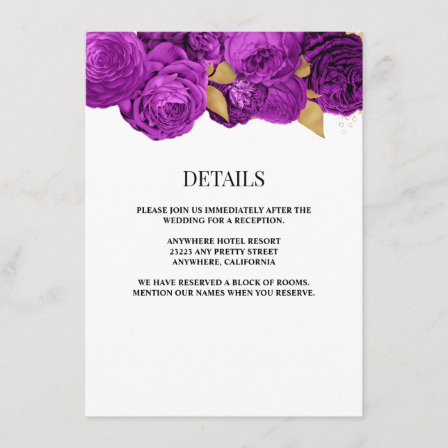 Tarjeta de cierre con detalles del Boda floral mor (Anverso)