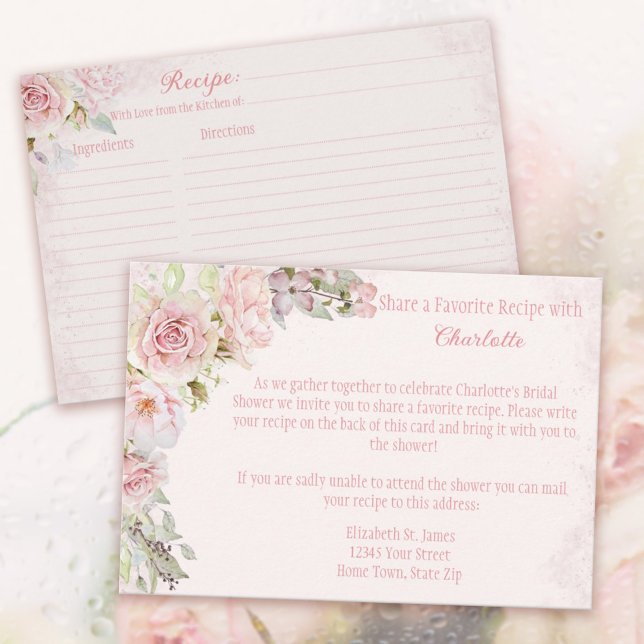 Tarjeta de cierre de receta de ducha de novia con  (Pink Roses Bridal Shower Recipe Enclosure Cards. 
Invite the Guests to share a favorite recipe.)