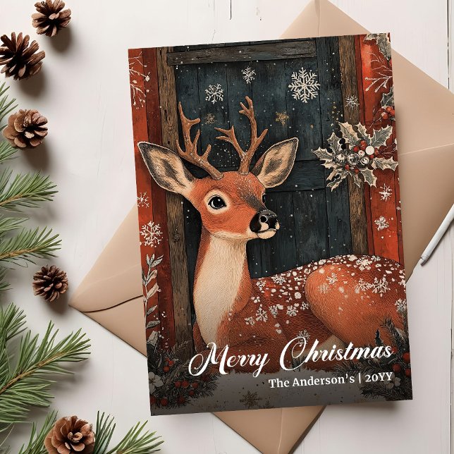 Tarjeta de ciervo de Navidad anticuada con saludo  (Old fashioned Christmas deer card classic greeting)