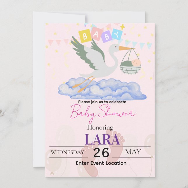 Tarjeta de Cigüeña para Fiesta de Bebé (Anverso)