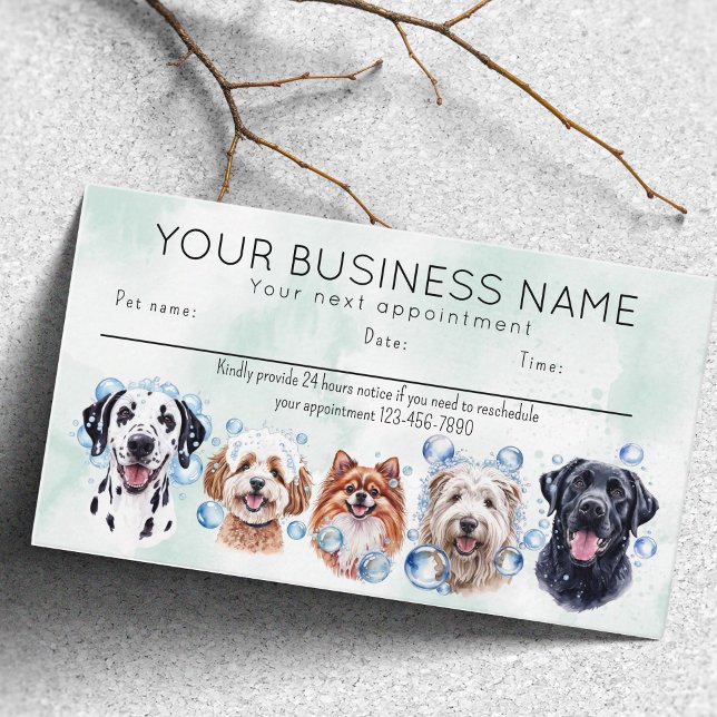 Tarjeta de cita acuarela perros burbujas (Appointment card dog grooming bathing dogs bubbles. happy dogs)