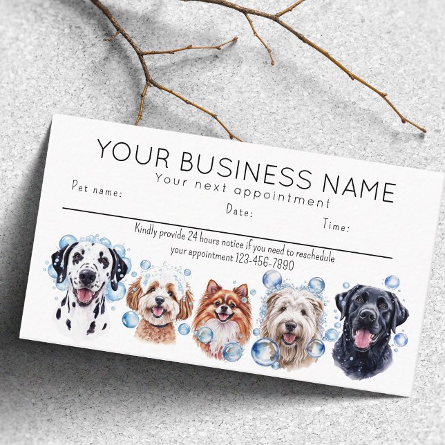 Tarjeta de cita acuarela perros burbujas, blanco (Appointment card dog grooming bathing dogs bubbles. happy dogs)