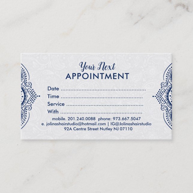 Tarjeta de cita Blue Paisley Mandala Lace (Anverso)