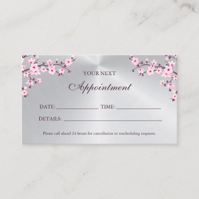 Tarjeta de cita Cherry Blossom Pink Silver (Anverso)