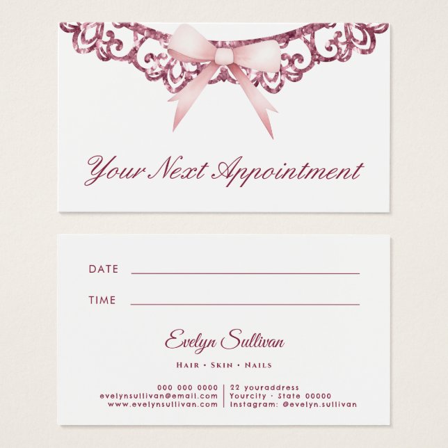 Tarjeta de cita con arco rosado de marco purpurina (Anverso y reverso)