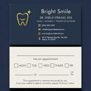 Tarjeta de cita con dentista sonrisa dorada azul m