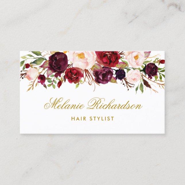 Tarjeta de cita con estilo Burgundy Floral Gold Ha (Anverso)