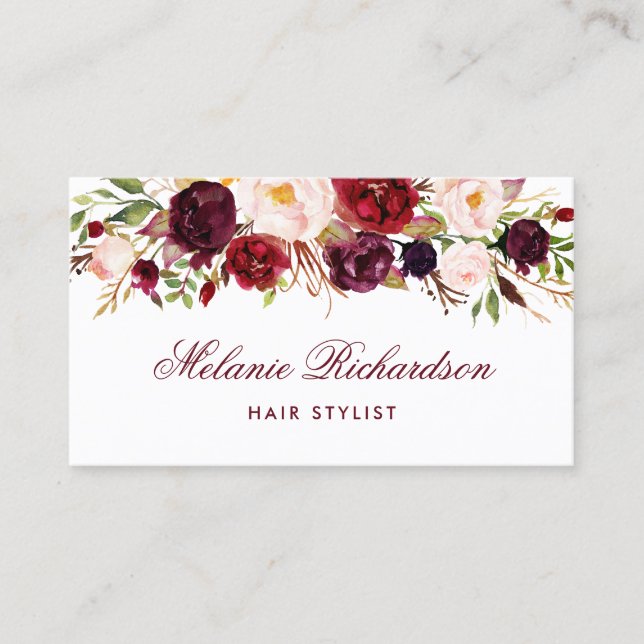 Tarjeta de cita con estilo Burgundy Floral Hair (Anverso)