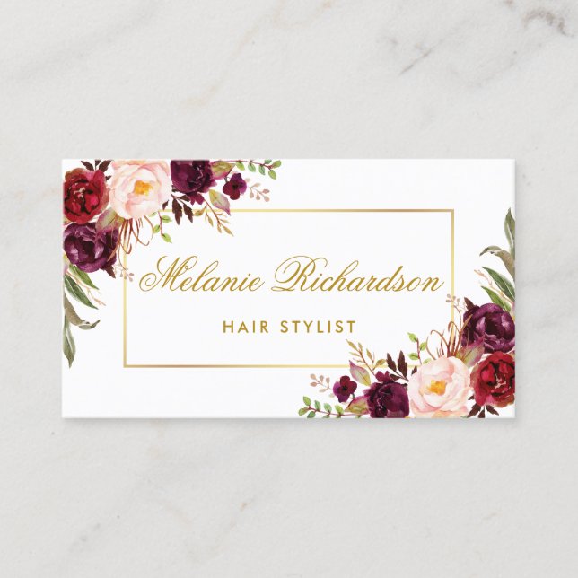 Tarjeta de cita con estilo Floral Burgundy Gold Ha (Anverso)